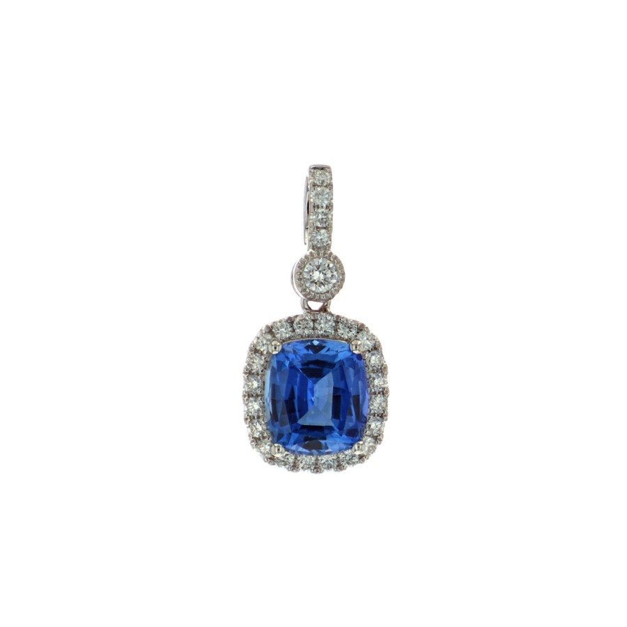 Jewelry Josephs Jewelers Home | 14K White Gold Cushion Sapphire And Diamond Pendant - Josephs Jewelers Blue