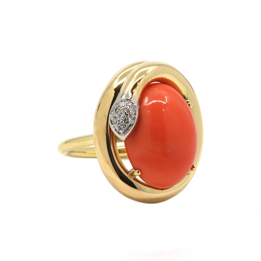 Jewelry Josephs Jewelers Home | 18K Yellow Gold Coral And Diamond Snake Ring Orange