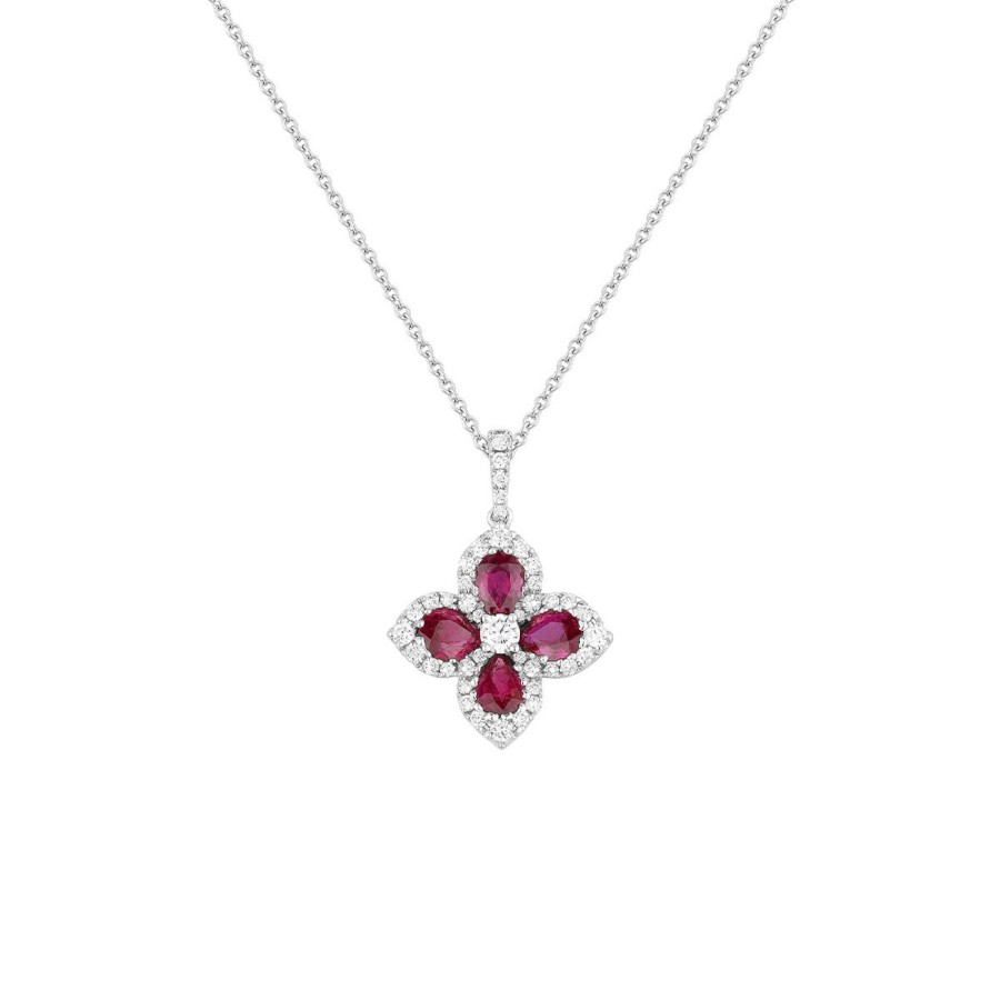 Jewelry Josephs Jewelers Home | 18K White Gold Ruby And Diamond Flower Pendant With Chain Red