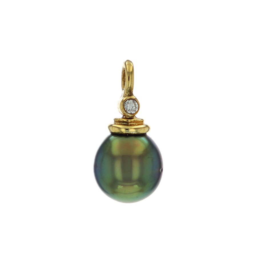 Jewelry Josephs Jewelers Home | Estate 14K Yellow Gold Tahitian Pearl And Diamond Pendant Black