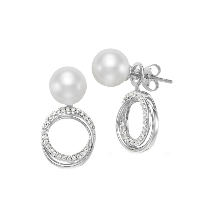 Jewelry Josephs Jewelers Home | 14K Gold Cultured Pearl And Diamond Circle Swirl Earrings - Josephs Jewelers White