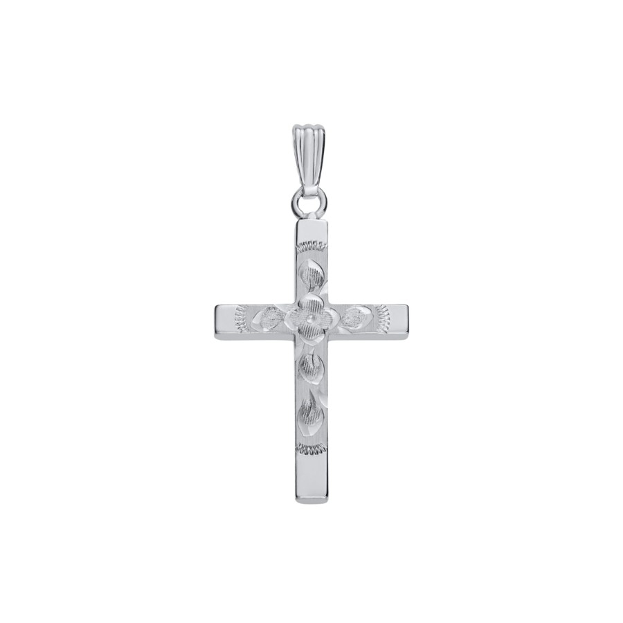 Jewelry Josephs Jewelers Home | 14K White Gold Engraved Flower Cross Pendant