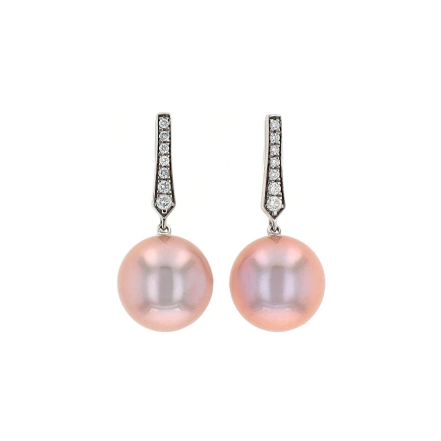 Jewelry Josephs Jewelers Home | 18K White Gold Freshwater Pearl And Diamond Earrings - Josephs Jewelers Pink