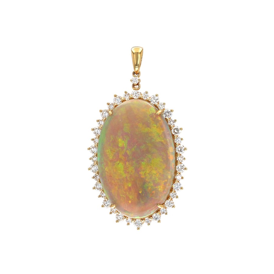 Jewelry Josephs Jewelers Home | 14K Yellow Gold Oval White Opal And Diamond Pendant Multi