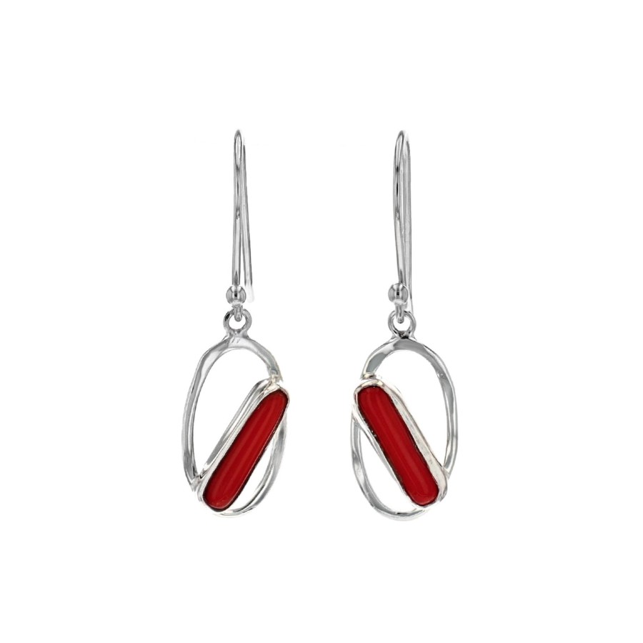 Jewelry Josephs Jewelers Home | Sterling Silver Oblong Dyed Coral Oval Frame Earrings - Josephs Jewelers Red