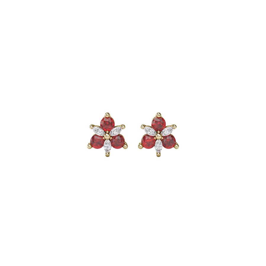 Jewelry Josephs Jewelers Home | 14K Yellow Gold Ruby And Diamond Cluster Earrings - Josephs Jewelers Red