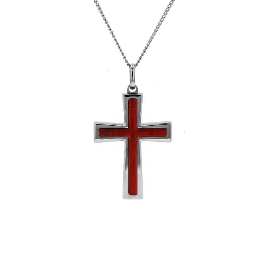 Jewelry Josephs Jewelers Home | Stainless Steel Wooden Cross Pendant With Chain - Josephs Jewelers Red