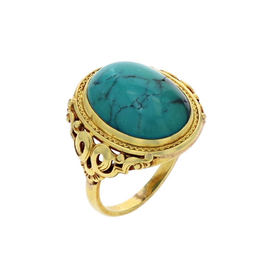 Jewelry Josephs Jewelers Home | Estate 14K Yellow Gold Turquoise Scroll Ring Blue