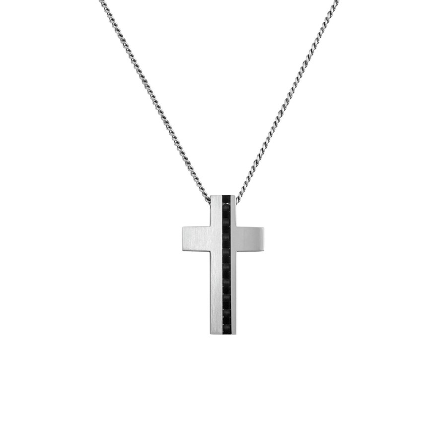 Jewelry Josephs Jewelers Home | Stainless Steel Carbon Fiber Cross Pendant With Chain Black