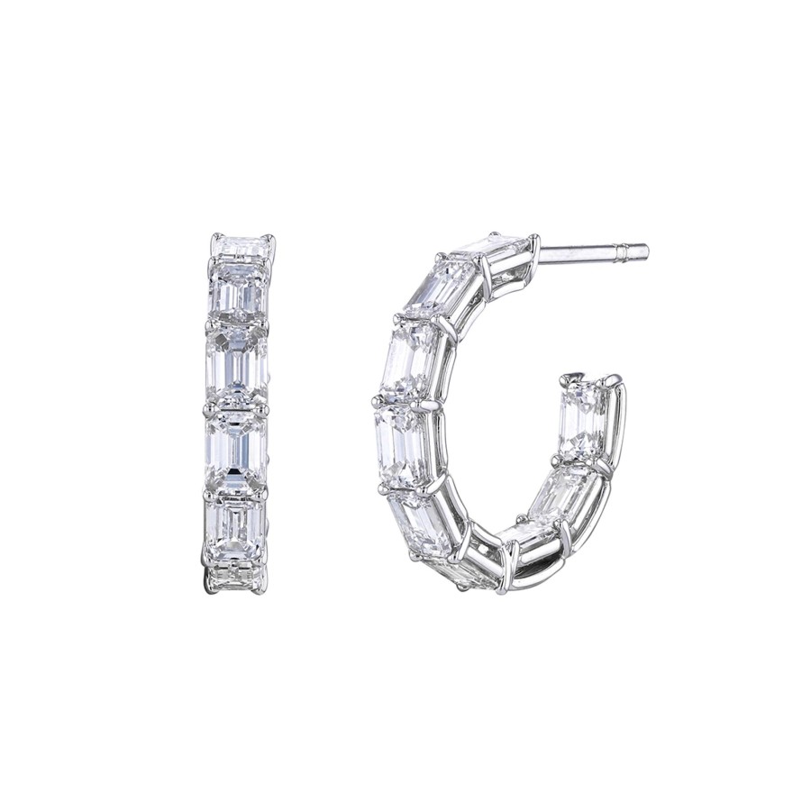 Jewelry Josephs Jewelers Home | 18K Gold Emerald-Cut Diamond Hoop Earrings - Josephs Jewelers White