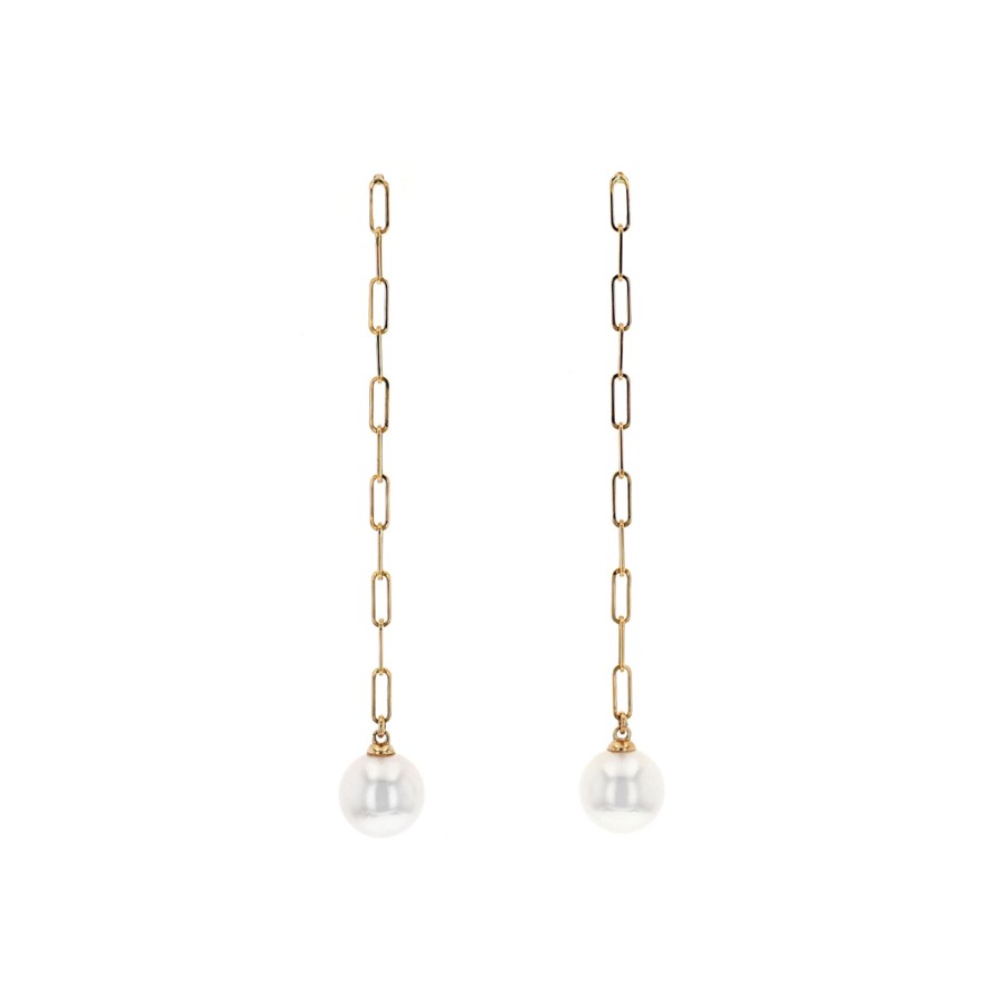 Jewelry Josephs Jewelers Home | 14K Yellow Gold Freshwater Pearl Paperclip Dangle Earrings - Josephs Jewelers White