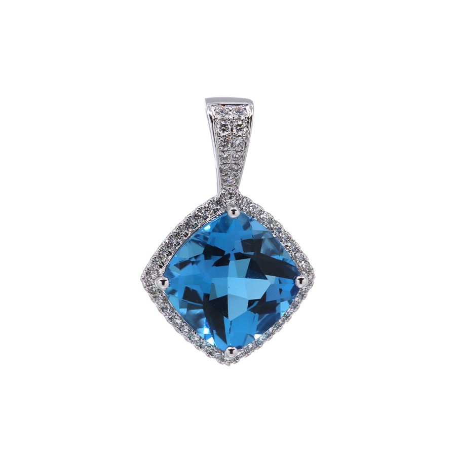 Jewelry Josephs Jewelers Home | 14K White Gold Cushion Topaz And Diamond Pendant Blue