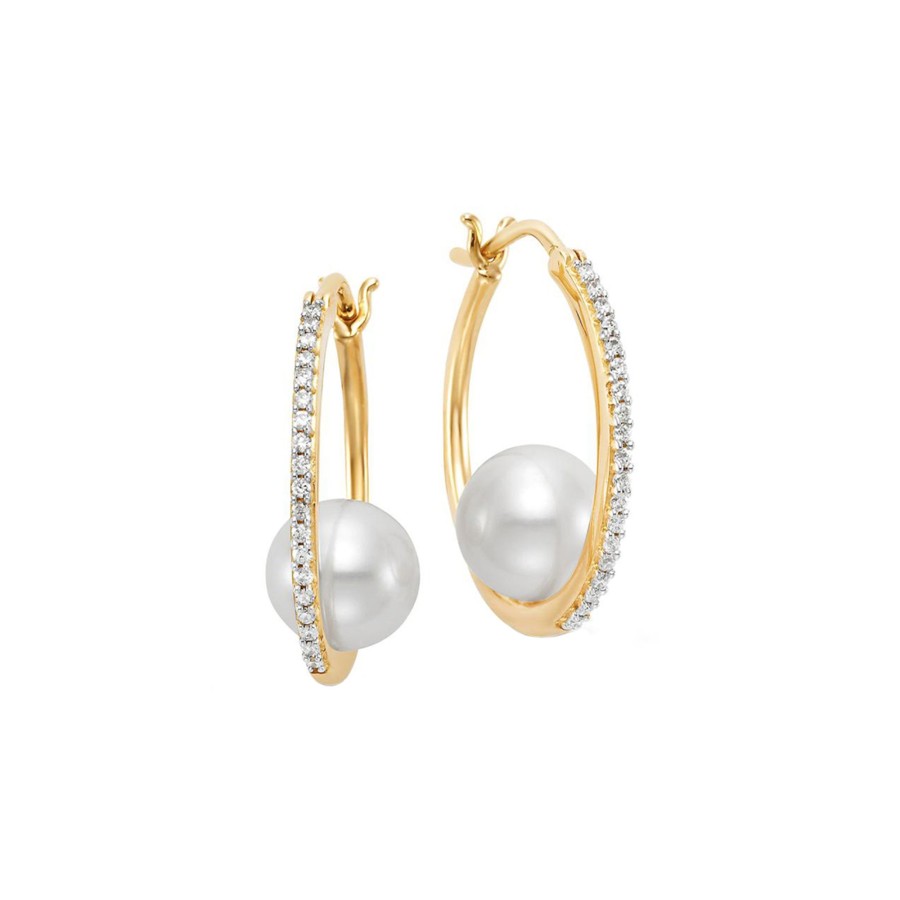 Jewelry Josephs Jewelers Home | 14K Yellow Gold Freshwater Pearl And Diamond Hoop Earrings White