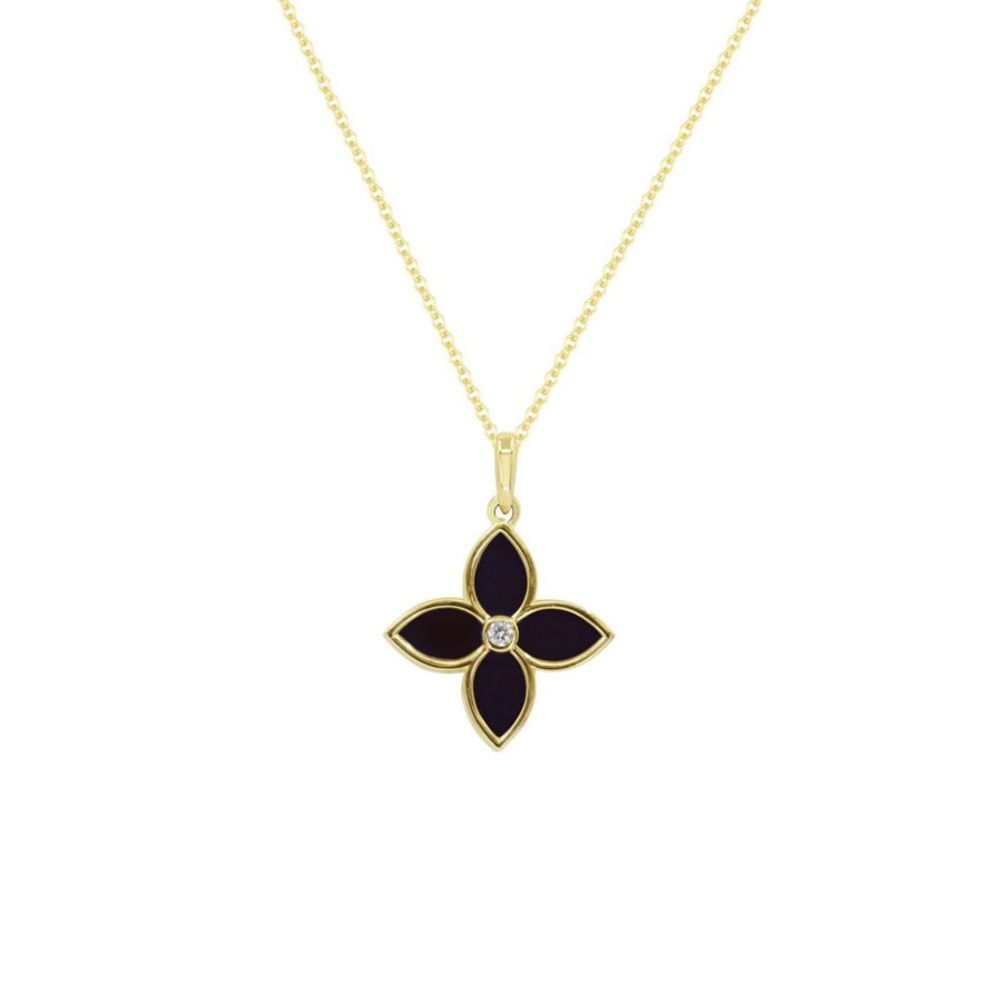 Jewelry Josephs Jewelers Home | 14K Yellow Gold Onyx And Diamond Pendant With Chain Black