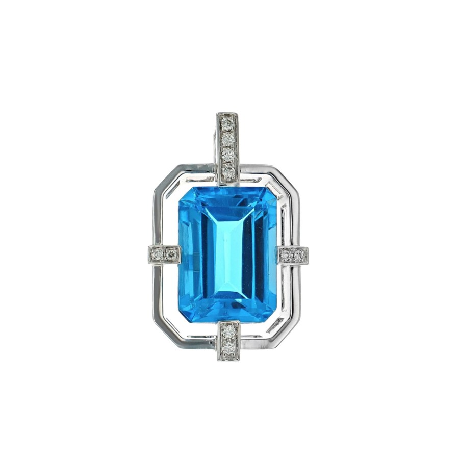 Jewelry Josephs Jewelers Home | 14K White Gold Emerald-Cut Topaz And Diamond Pendant Blue