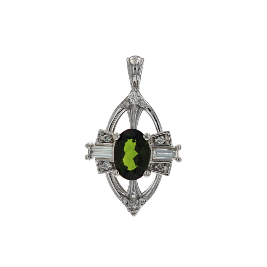 Jewelry Josephs Jewelers Home | Estate 14K White Gold Oval Diopside And Diamond Pendant Green