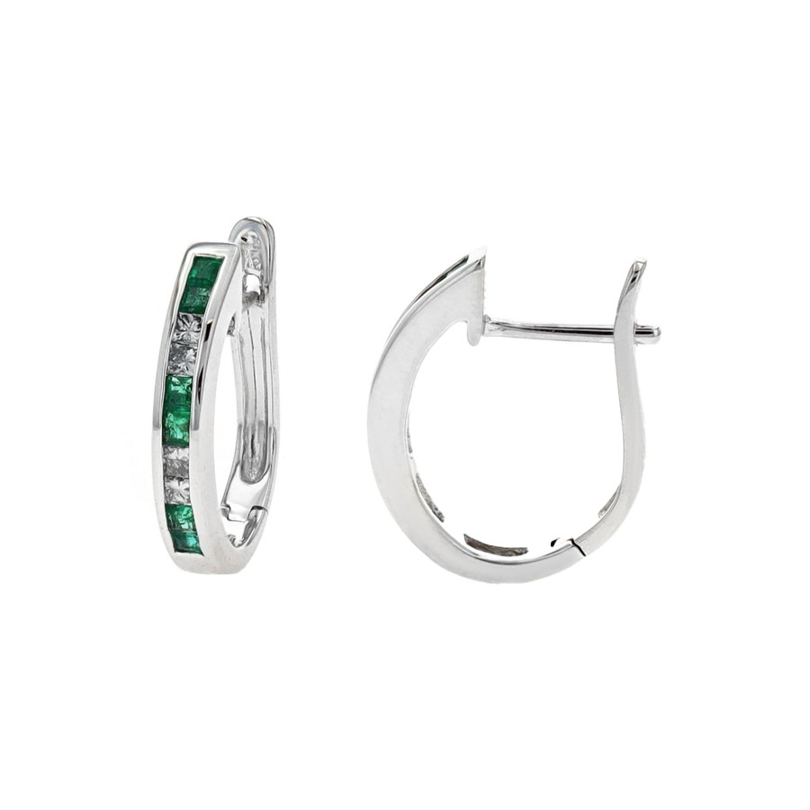 Jewelry Josephs Jewelers Home | Estate 14K White Gold Emerald And Diamond Hoop Earrings Green