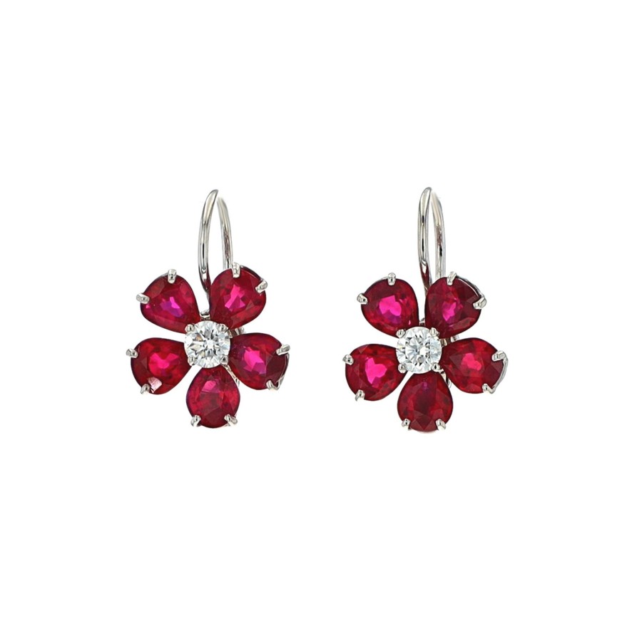 Jewelry Josephs Jewelers Home | Platinum Ruby And Diamond Flower Earrings - Josephs Jewelers Red