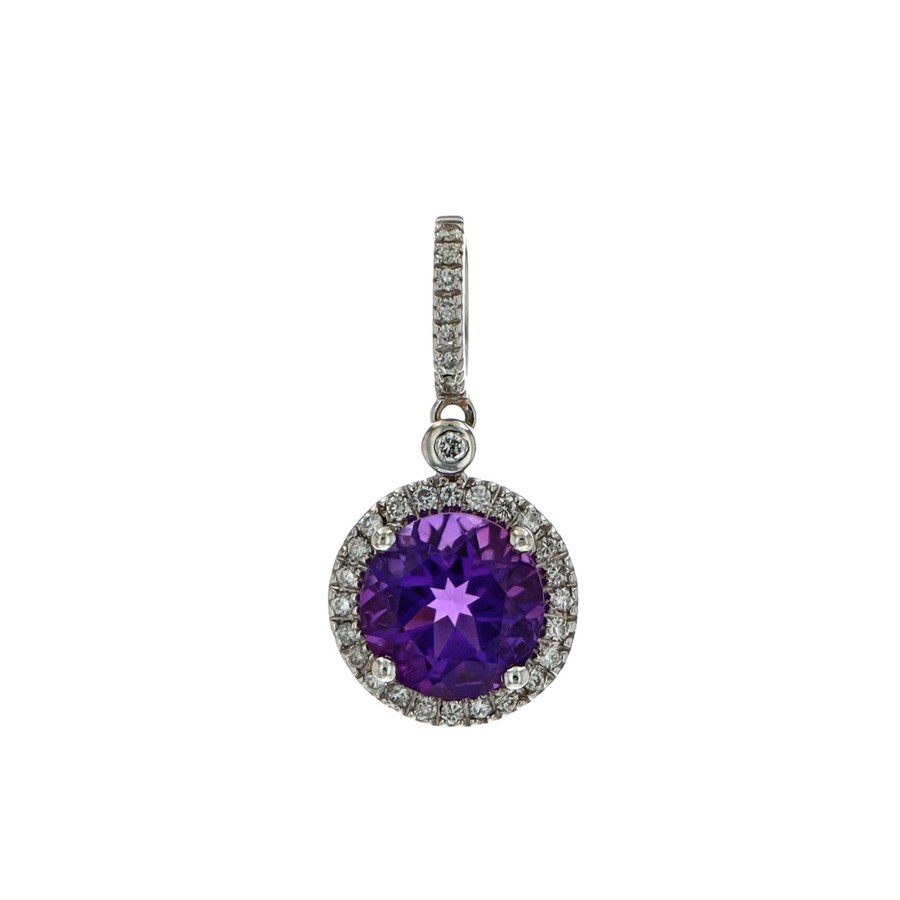 Jewelry Josephs Jewelers Home | Estate 14K White Gold Round Amethyst And Diamond Pendant Purple