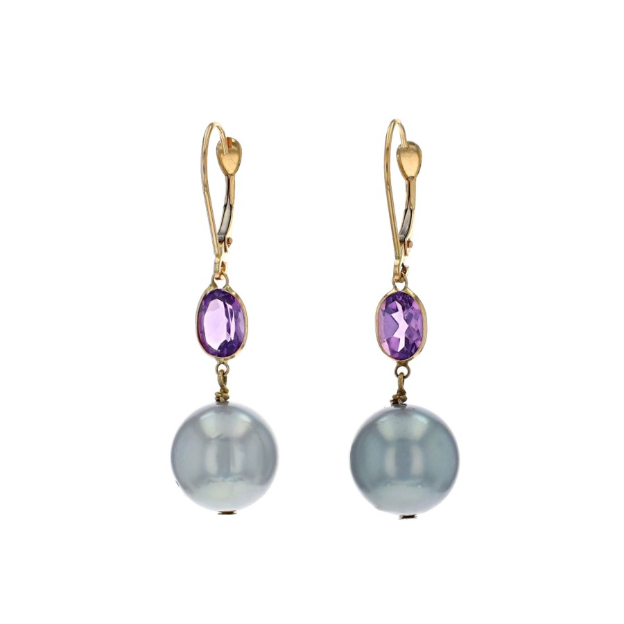 Jewelry Josephs Jewelers Home | 14K Yellow Gold Tahitian Pearl And Amethyst Earrings - Josephs Jewelers Purple