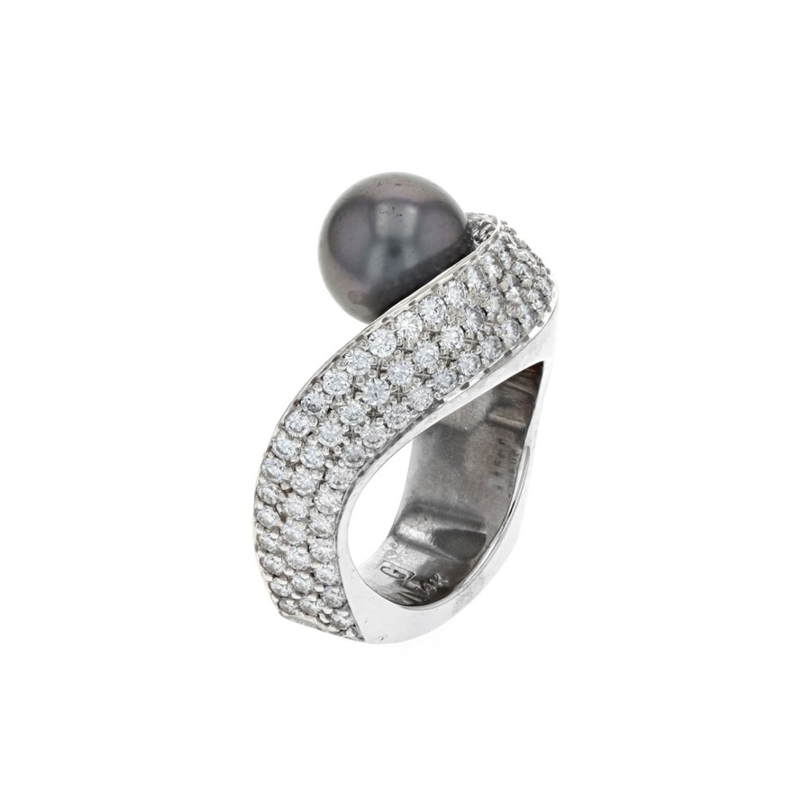 Jewelry Josephs Jewelers Home | Estate 18K White Gold Tahitian Pearl, Sapphire, And Diamond Ring Gray