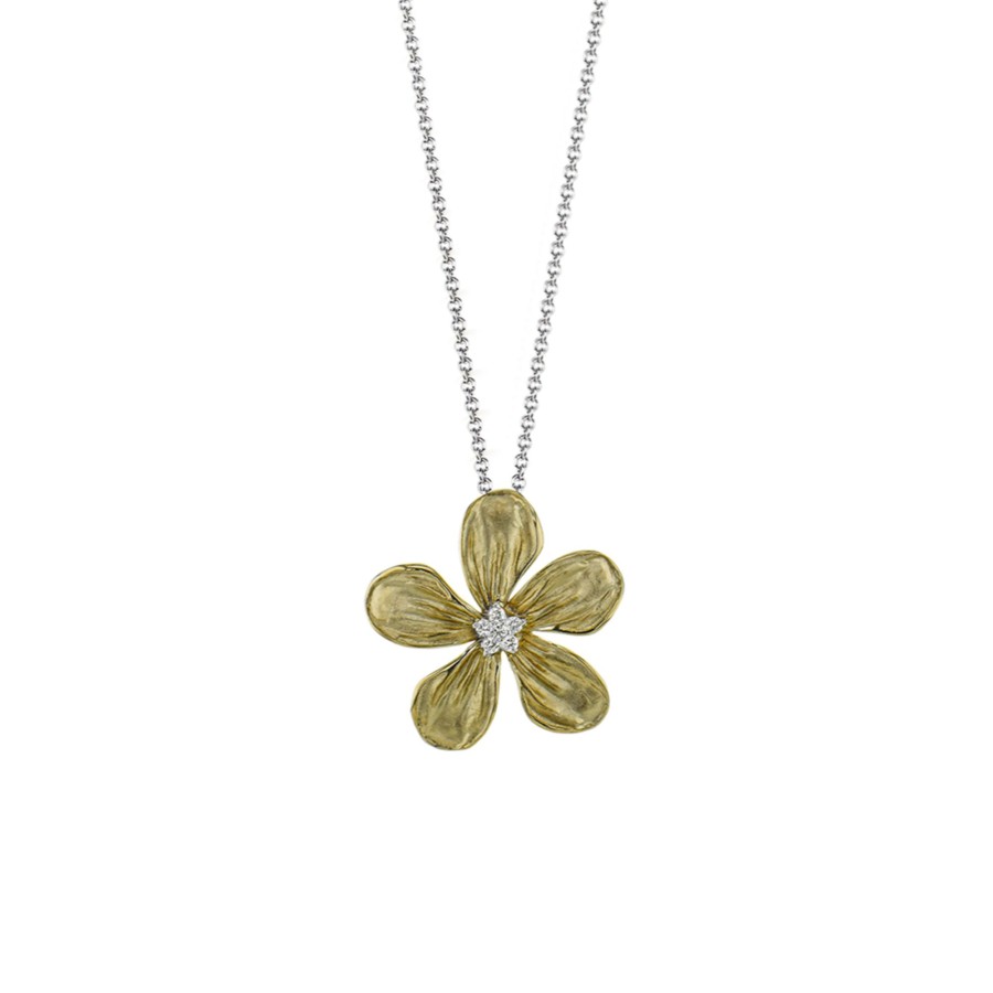 Jewelry Josephs Jewelers Home | 18K Two-Tone Diamond Flower Pendant With Chain