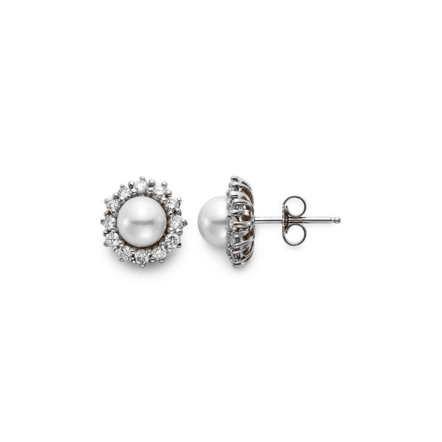 Jewelry Josephs Jewelers Home | 18K Gold 7.5 Mm Cultured Pearl And Diamond Halo Earrings - Josephs Jewelers White