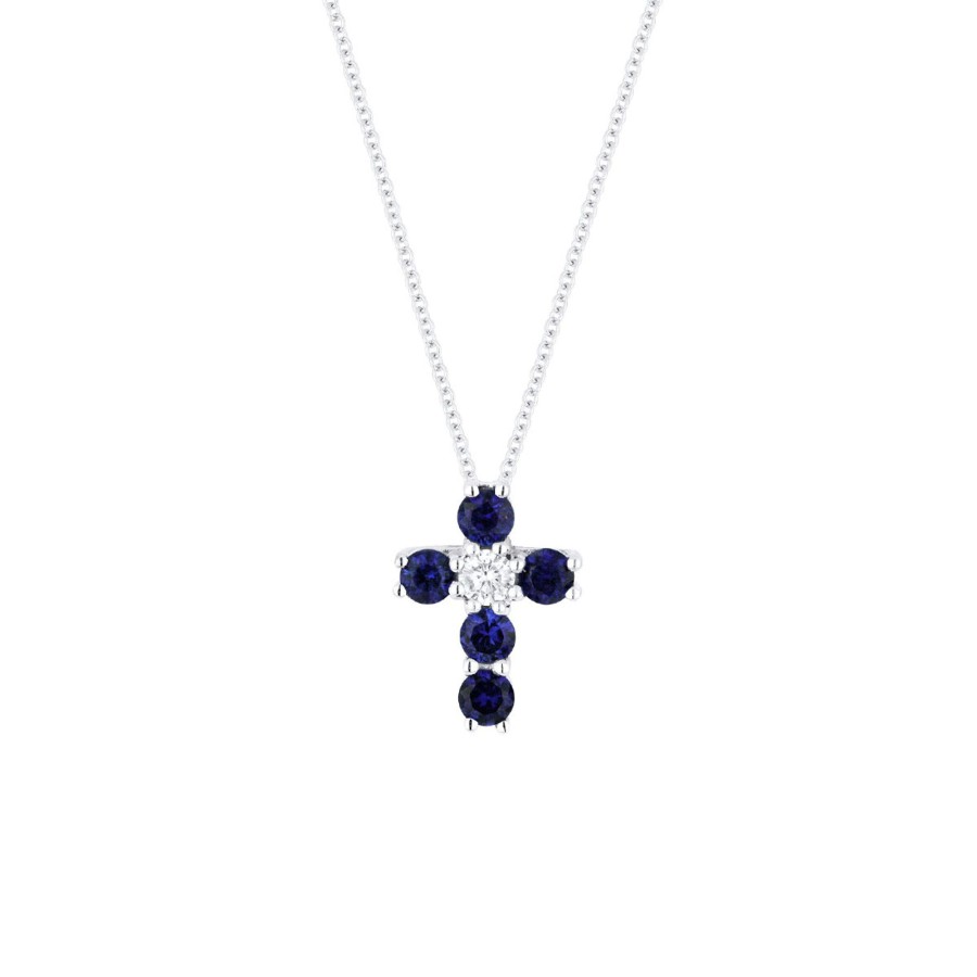 Jewelry Josephs Jewelers Home | 14K White Gold Sapphire And Diamond Cross Pendant With Chain - Josephs Jewelers Blue