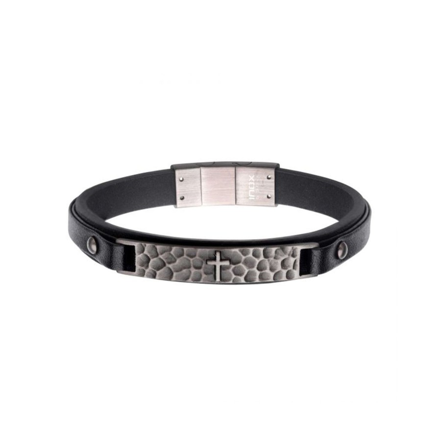 Jewelry Josephs Jewelers Home | Steainless Steel Leather Cross Bracelet Black