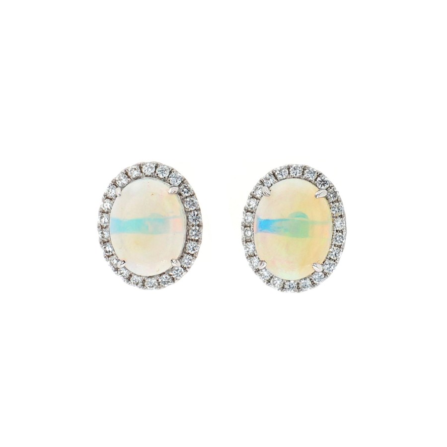 Jewelry Josephs Jewelers Home | 14K White Gold Oval Opal And Diamond Halo Earrings Multi