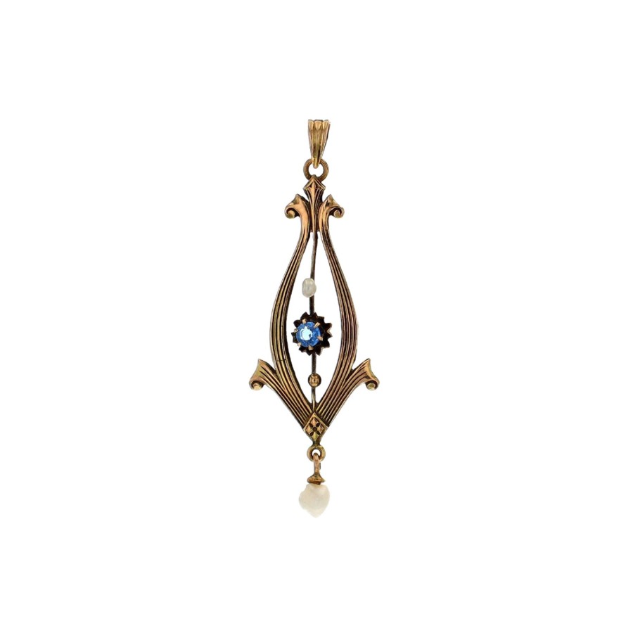 Jewelry Josephs Jewelers Home | Estate 10K Yellow Gold Pearl And Stone Drop Pendant Blue