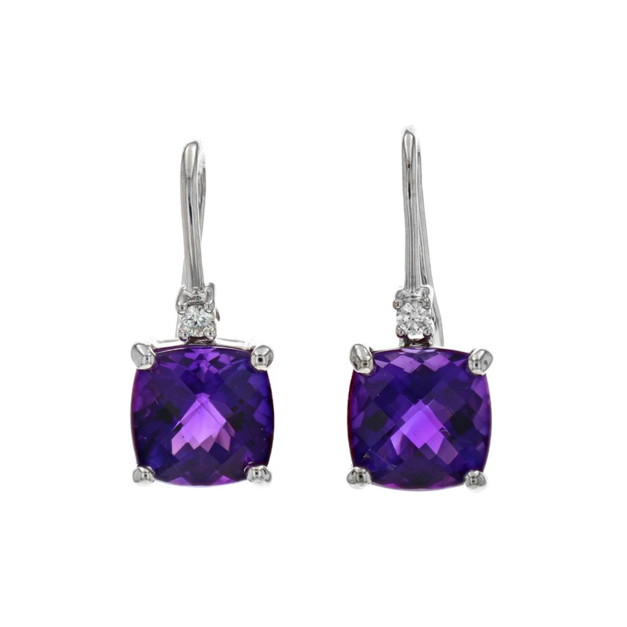 Jewelry Josephs Jewelers Home | 14K White Gold Cushion Amethyst And Diamond Dangle Earrings Purple