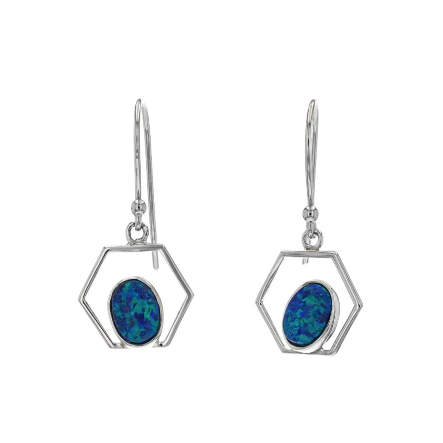 Jewelry Josephs Jewelers Home | Sterling Silver Oval Created Opal Hexagonal Dangle Earrings - Josephs Jewelers Blue