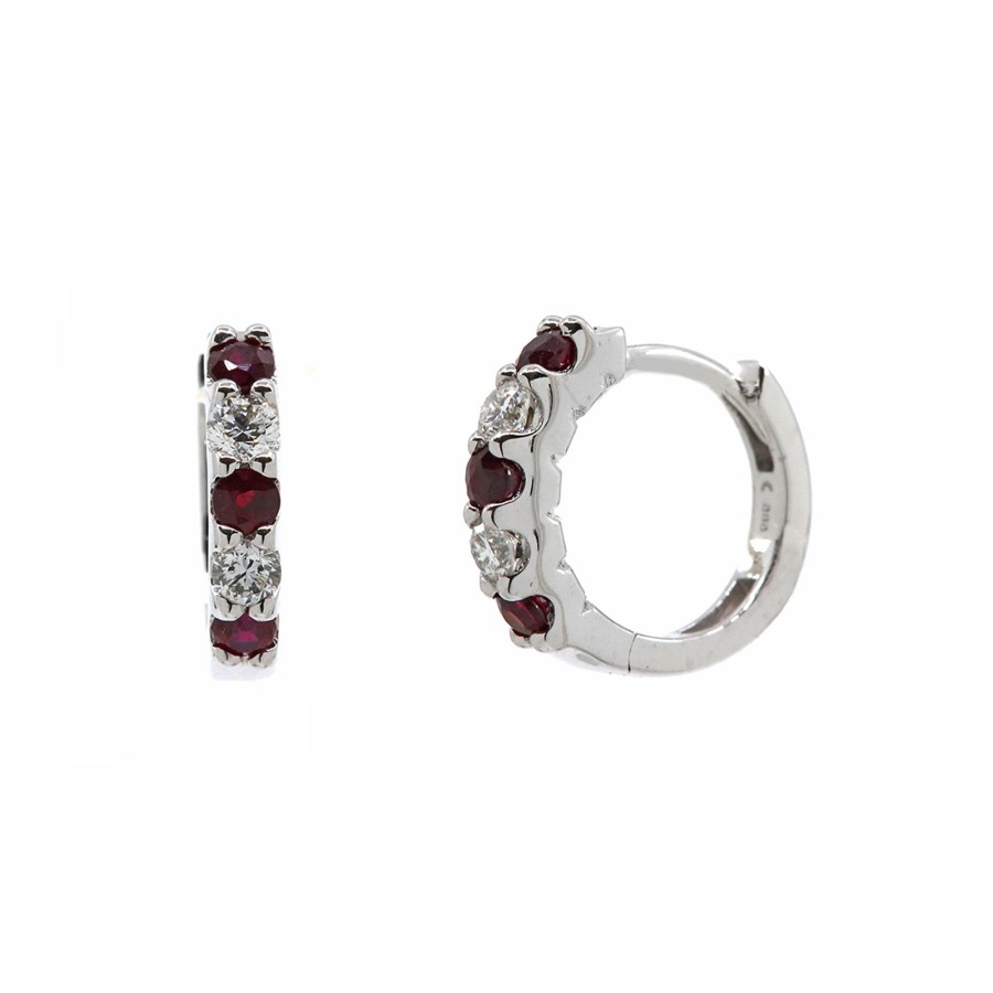 Jewelry Josephs Jewelers Home | 14K White Gold Alternating Diamond And Ruby Hoops Red