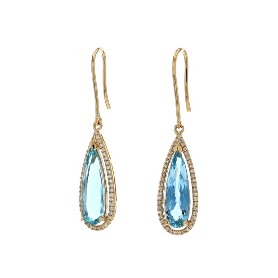 Jewelry Josephs Jewelers Home | 14K Yellow Gold Pear Aquamarine And Diamond Earrings Blue