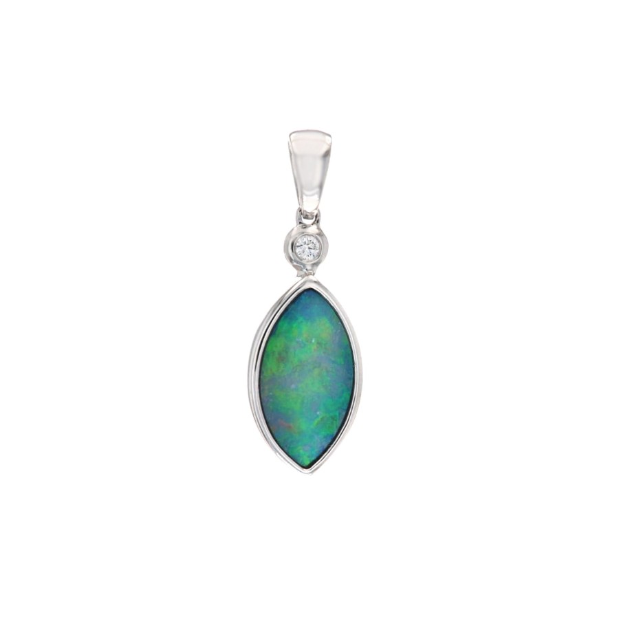 Jewelry Josephs Jewelers Home | 14K White Gold Australian Opal Doublet And Diamond Pendant Multi