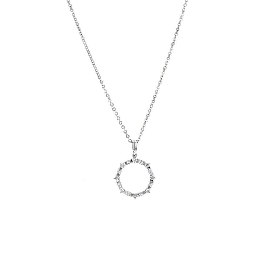 Jewelry Josephs Jewelers Home | 14K Gold Baguette And Round Diamond Circle Pendant With Chain - Josephs Jewelers White