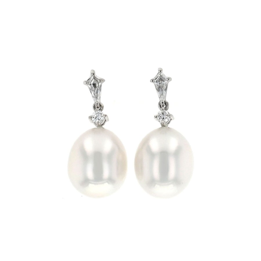 Jewelry Josephs Jewelers Home | 18K Gold South Sea Pearl And Diamond Drop Earrings - Josephs Jewelers White