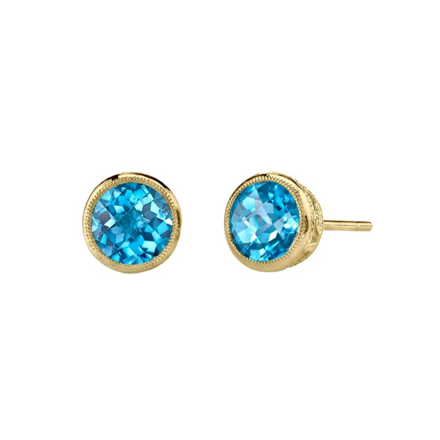 Jewelry Josephs Jewelers Home | 14K Yellow Gold Round Topaz Stud Earrings Blue