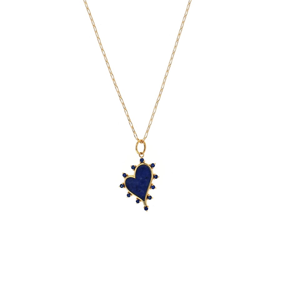 Jewelry Josephs Jewelers Home | 18K Yellow Gold Sodalite Heart And Sapphire Pendant With Chain - Josephs Jewelers Blue