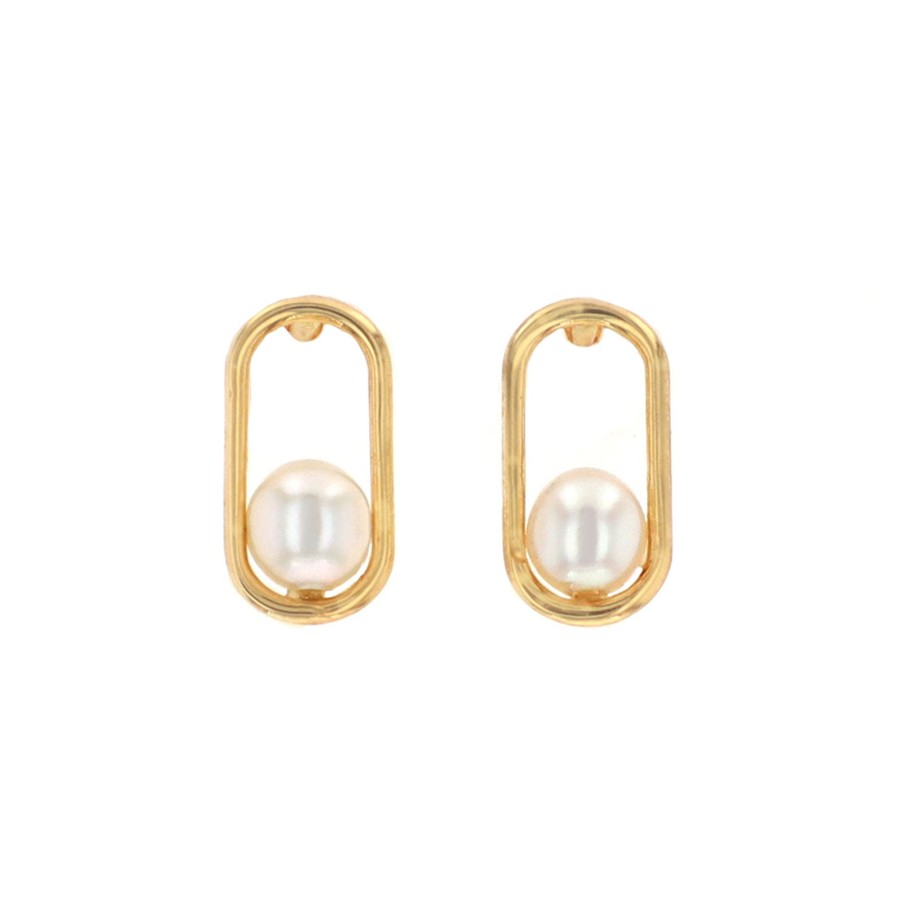 Jewelry Josephs Jewelers Home | 14K Yellow Gold Freshwater Pearl Open Oval Earrings - Josephs Jewelers White