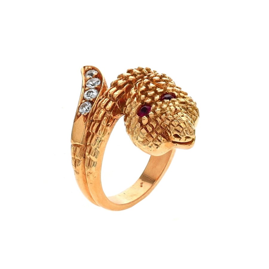 Jewelry Josephs Jewelers Home | Estate 18K Yellow Gold Ruby And Diamond Serpent Ring - Josephs Jewelers Red