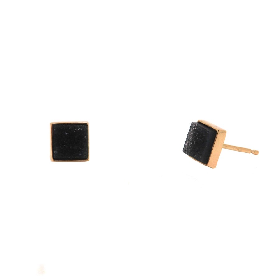 Jewelry Josephs Jewelers Home | 14K Yellow Gold Square Drusy Stud Earrings Black