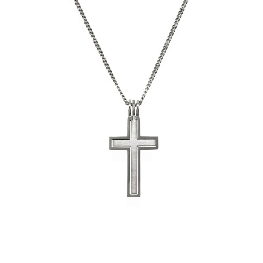 Jewelry Josephs Jewelers Home | Stainless Steel Satin Finished Inset Cross Pendant With Chain