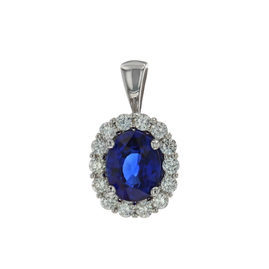 Jewelry Josephs Jewelers Home | 14K White Gold Oval Sapphire And Diamond Halo Pendant Blue