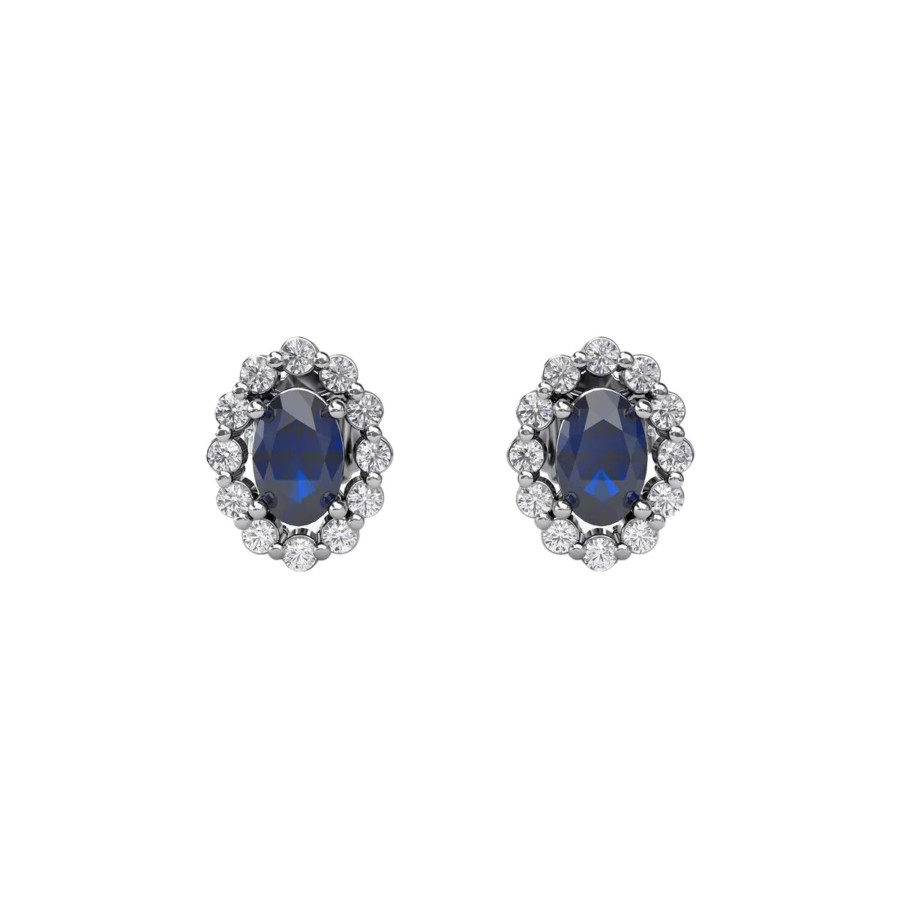 Jewelry Josephs Jewelers Home | 14K White Gold Oval Sapphire Earrings With Diamond Halo Blue