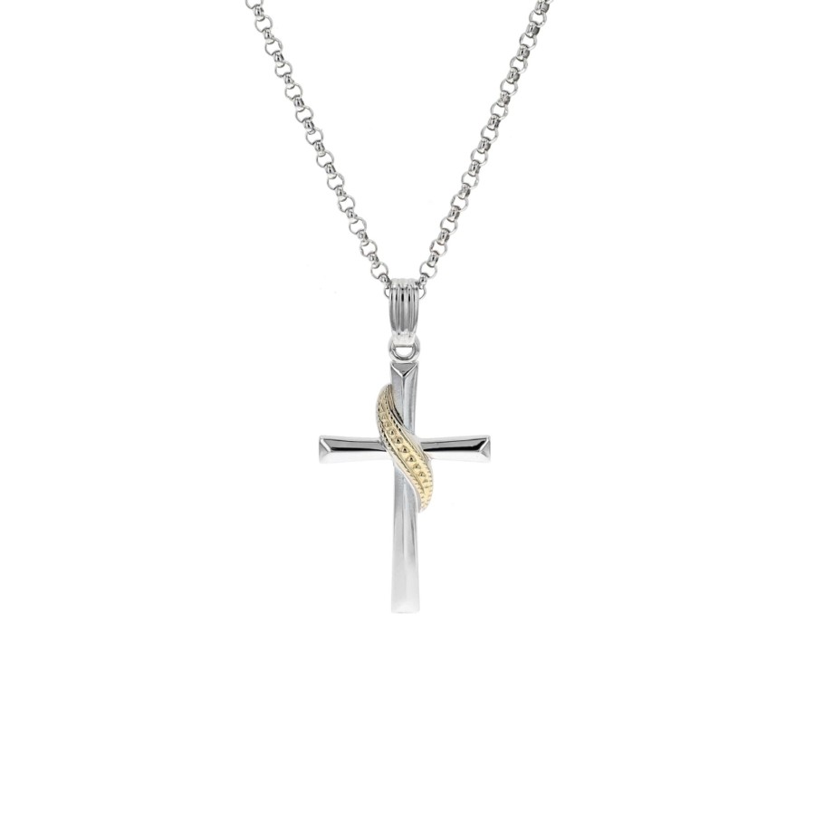 Jewelry Josephs Jewelers Home | Two-Tone Sash Cross Pendant With Chain