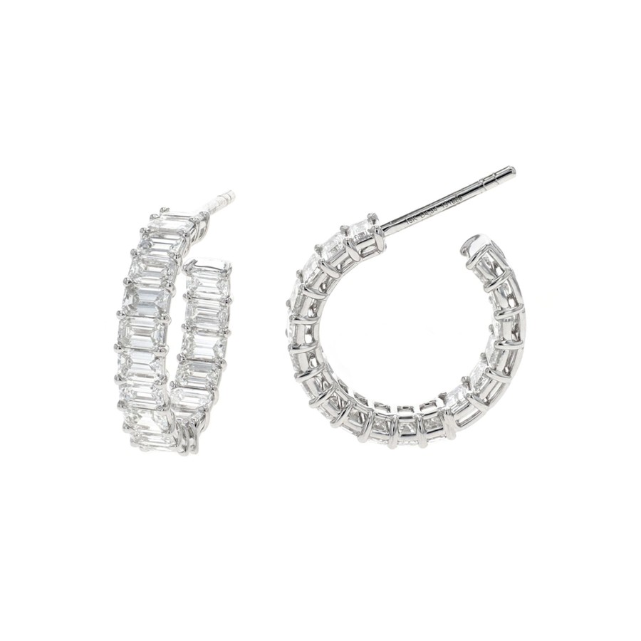 Jewelry Josephs Jewelers Home | 18K Gold Emerald-Cut Diamond Hoop Earrings White