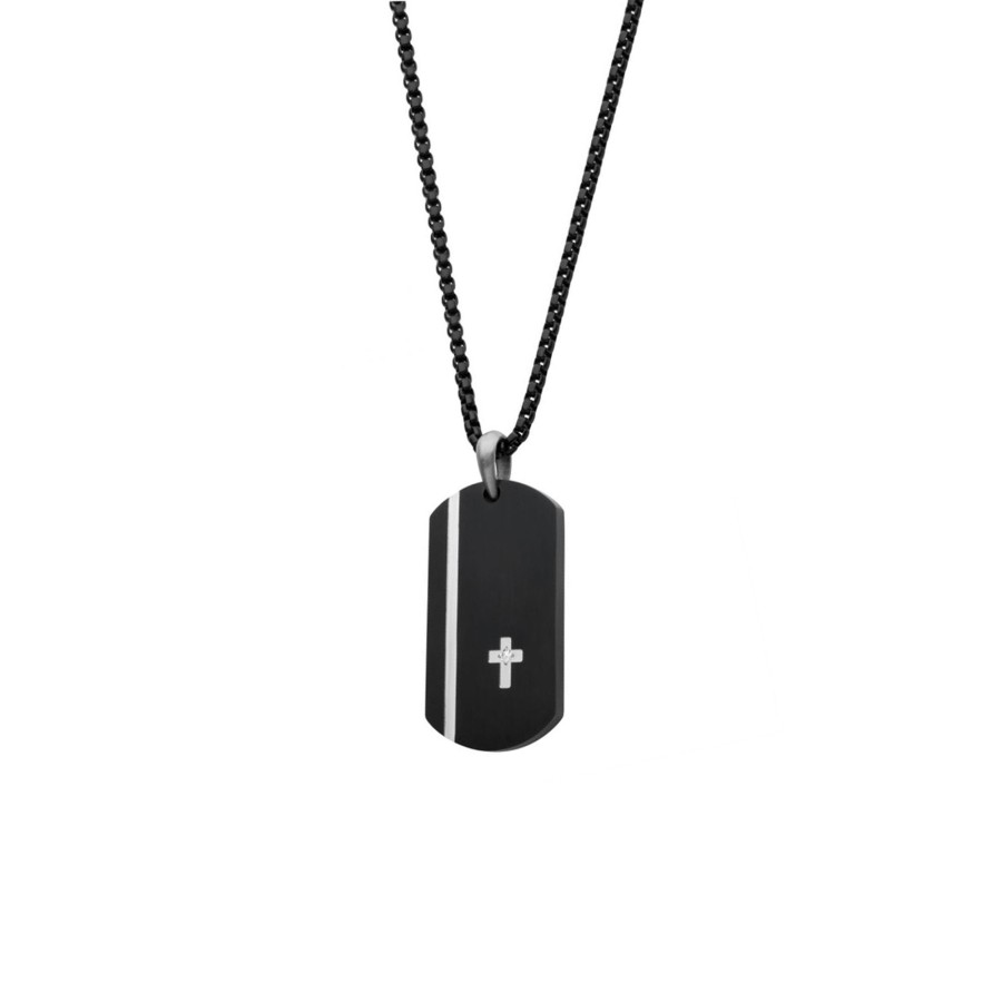 Jewelry Josephs Jewelers Home | Stainless Steel Diamond Cross Dogtag Pendant With Chain - Josephs Jewelers Black