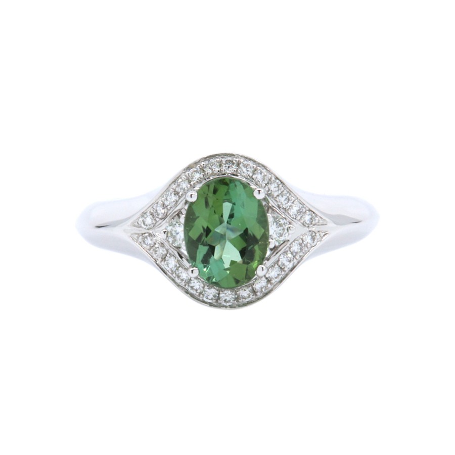 Jewelry Josephs Jewelers Home | 14K White Gold Oval Tourmaline And Diamond Ring Green